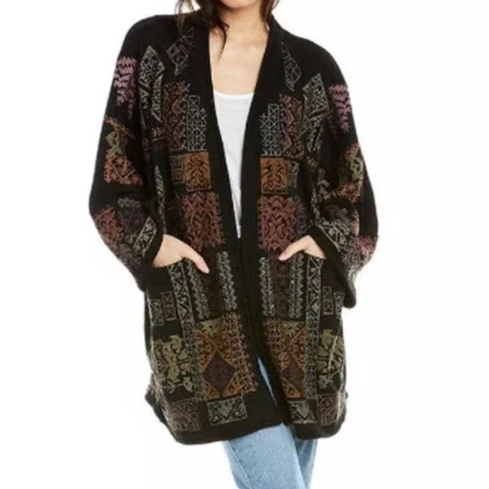 Johnny Was Black Patterned Open-Front Women's Cardigan Sweater Size M